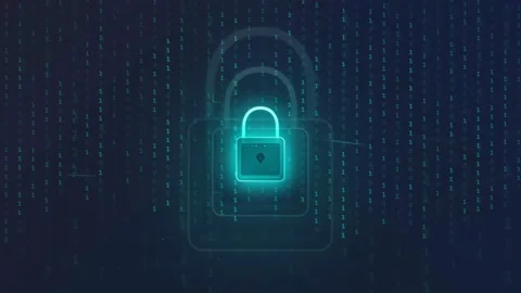 Digital Security Concept with Glowing Padlock Icon over Blue Binary Code Data Stock Footage 336778187