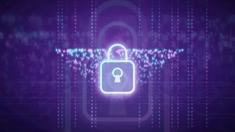 Digital Security Concept with Glowing Padlock Icon and Binary Data Stream on Stock Footage 341818328