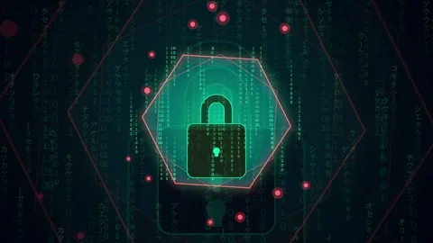 Digital security concept with glowing padlock icon and flowing binary data on Video stock 343162151