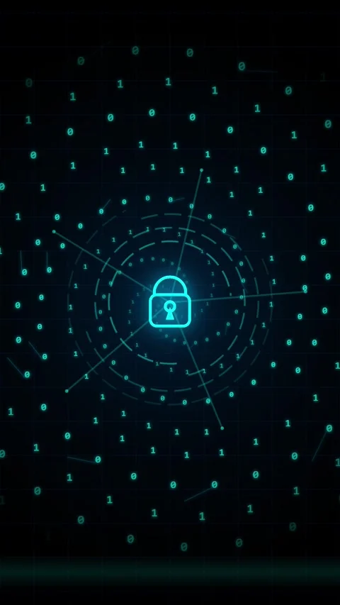 Digital Security Concept with Glowing Padlock and Binary Code Data Stream Stock Footage 346207672