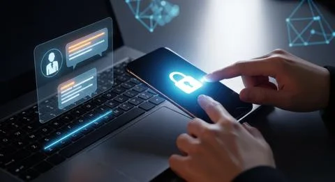 Digital security concept with glowing padlock on smartphone screen and abst.. Stock Illustration