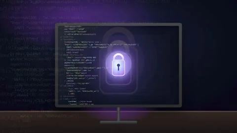 Digital security concept with glowing purple padlock icon over computer screen Stock Footage 343162113