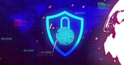 Digital security concept with glowing shield and fingerprint over world map Stock Photos