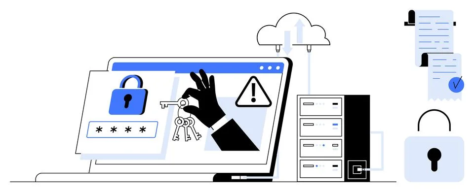 Digital Security Concept with Key Handover, Cloud, and Secure Files イラスト素材