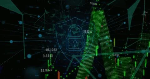 Digital security concept with lock icon overlaying financial data and graphs Stock Photos