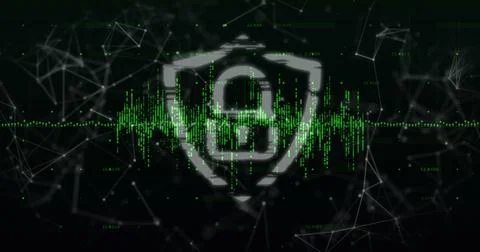 Digital security concept with lock symbol and data waveforms on dark background Stock Photos