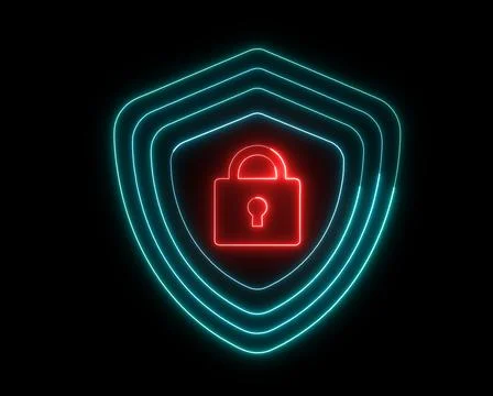Digital security concept with neon lines forming a shield and a padlock sym.. Stock Illustration