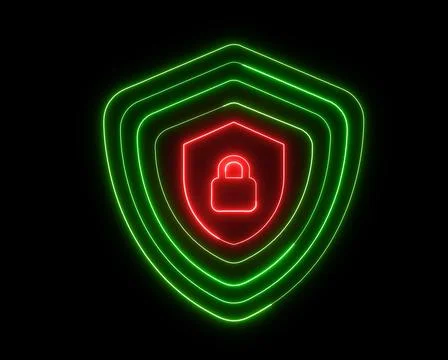 Digital security concept with neon lines forming a shield and a padlock sym.. Stock Illustration