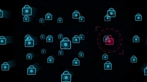 Digital security concept with numerous glowing neon blue padlock icons scat.. Stock Footage 345045745