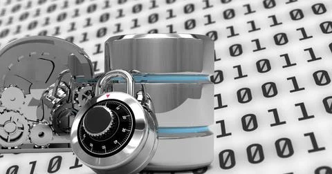 Digital security concept with padlock and gears protecting data against binary Stock Photos
