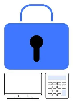 Digital Security Concept with Padlock, Computer Monitor, and Calculator Symbo Ilustración de archivo