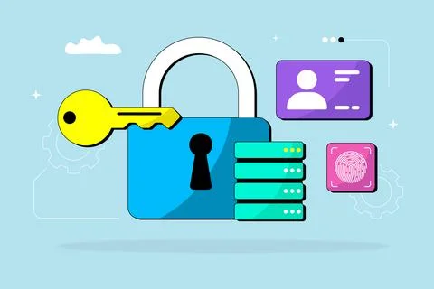 Digital security concept with padlock, key, and data icons Stock Illustration