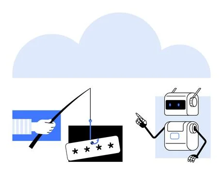 Digital Security Concept with Phishing Hook and AI Robot Under Cloud イラスト素材