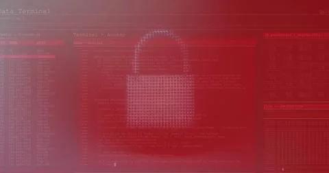 Digital security concept with red lock icon overlaying computer code on screen Stock-Fotos