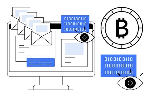 Digital security concepts with emails, binary code, Bitcoin symbol, and sur.. Stock Illustration