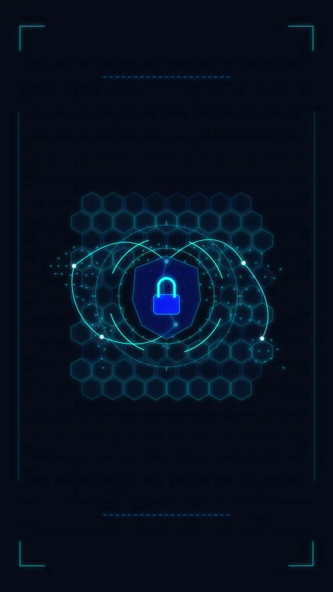 Digital security cyber protection shield lock technology hud interface Stock Footage 347563744