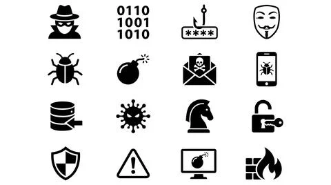 Digital security cybersecurity threat icons vector set flat black 库存插图