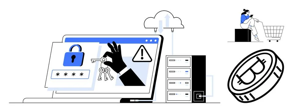 Digital Security with E-commerce and Cryptocurrency Elements Featuring Clou.. Stock Illustration
