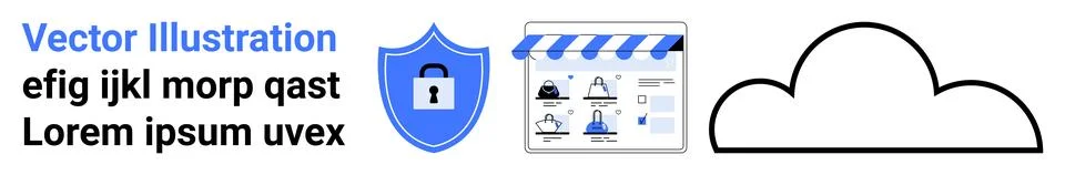 Digital Security Elements Including Shield, Cloud, and Data Analysis for On.. Stock Illustration