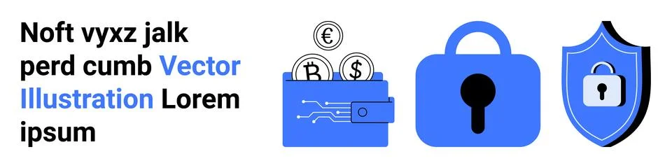 Digital security elements including a wallet with coins, a lock, and a shield Stock Illustration