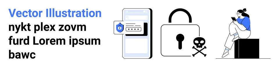 Digital Security Elements with Mobile Screen, Lock Symbol, and Person Using.. Stock Illustration