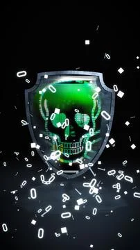 Digital security emblem showing skull breaking through protective shield, Stock Illustration