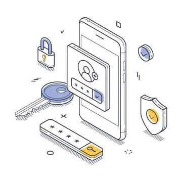 Digital security features with a smartphone, key, and various locks depicti.. Stock Illustration