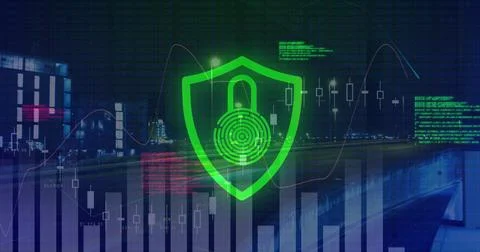 Digital security graphics overlaying cityscape at night, symbolizing data Stock Illustration
