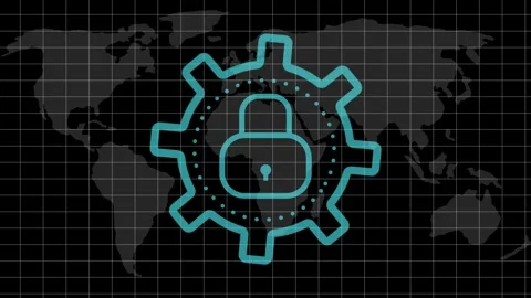Digital Security Growth on World Map with Evolving Gear Lock Icon Video stock 342248179