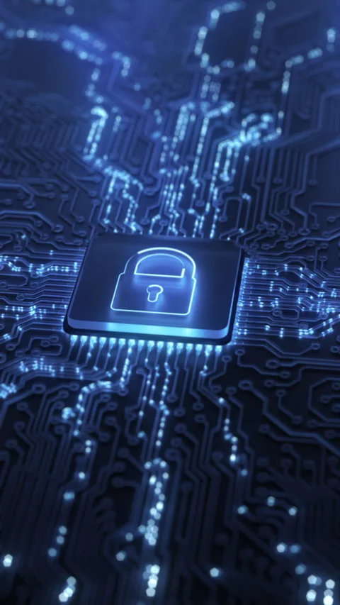 Digital security hologram of virtual lock icon on circuit board. Concept of Video stock 310618634