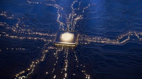 Digital security hologram of virtual shield lock icon on circuit board. Finance Video stock 289274809