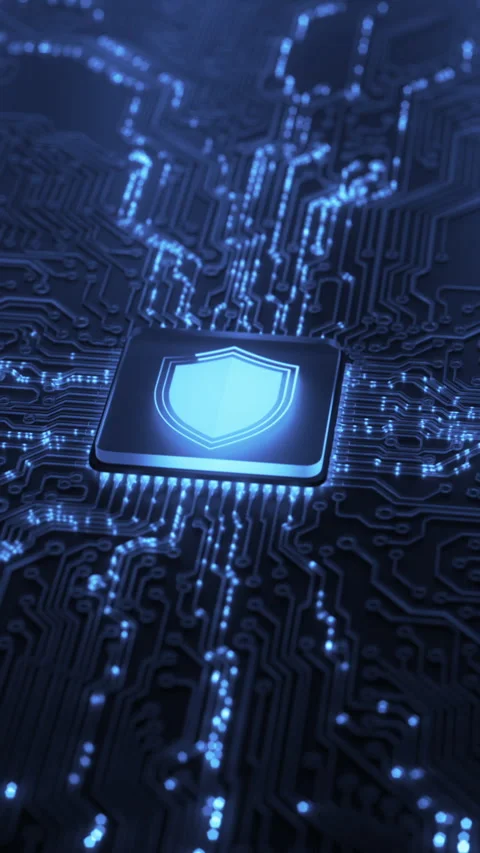 Digital security hologram of virtual shield lock icon on circuit board. Finance Video stock 317240615