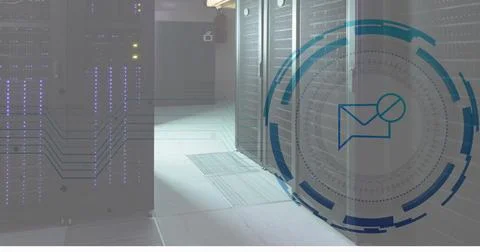Digital security icon overlay highlighting data protection technology in server Stock Photos