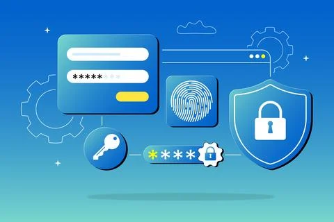 Digital security icons float above a gradient blue sky Stock Illustration