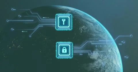 Digital security icons image over Earth from space イラスト素材