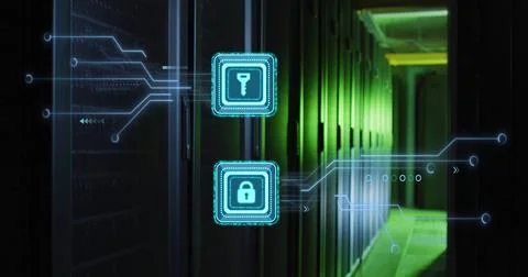 Digital security icons image over data center servers with green lighting Stock Photos