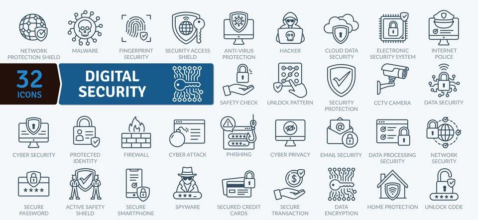 Digital Security Icons: Protecting Data and Privacy Online Stock Illustration