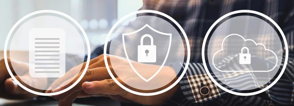 Digital security icons representing data storage protection and cloud safety Stock Photos