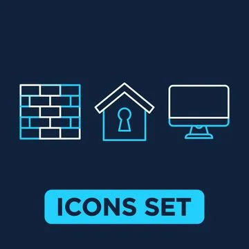 Digital security icons set featuring a brick wall, house with keyhole, and .. Stock Illustration