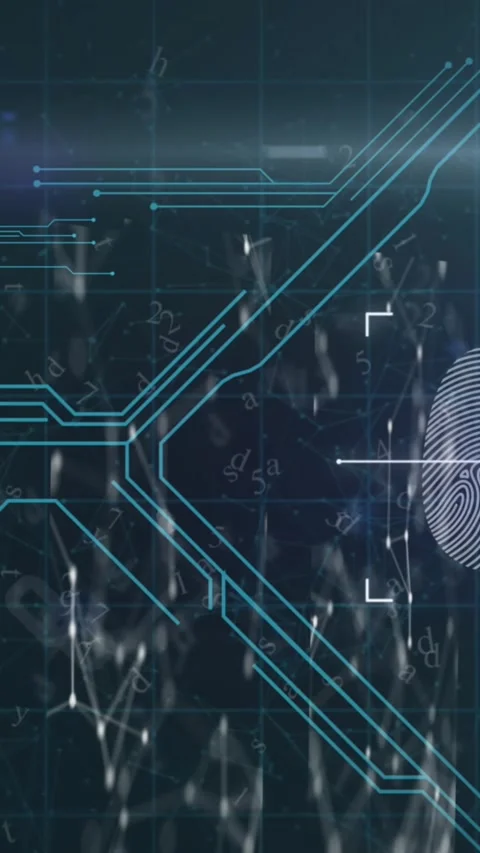 Digital security interface against screens of network of connections Stock Footage 343713918