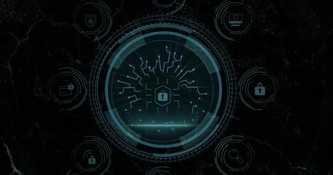 Digital security interface with circuit board image over dark background Foto stock