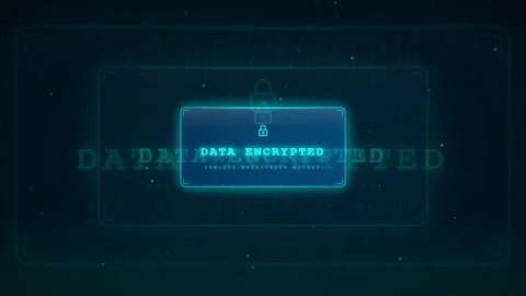 Digital security interface with data encrypted notification and padlock icon on Stock Footage 336773343