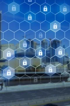 Digital security interface displays padlocks over city skyline during daytime Stock Photos