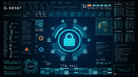 Digital Security Interface with Padlock Icon and Code Elements Background Stock Footage 273281466