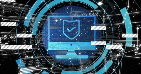 Digital security interface with shield icon over computer and binary code Stock Footage 304493791