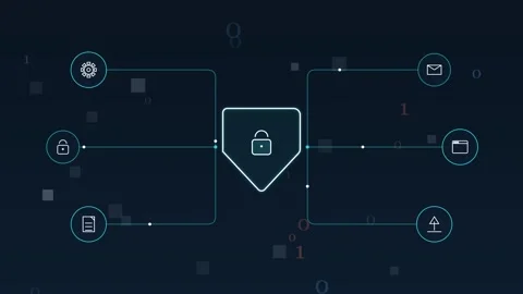 Digital security interface, shield lock icon, and data network connections 스톡 동영상 344031343