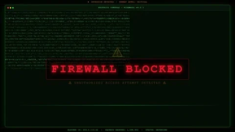 Digital Security Interface Showing Firewall Blocked Warning with Scrolling Stock Footage 345765991