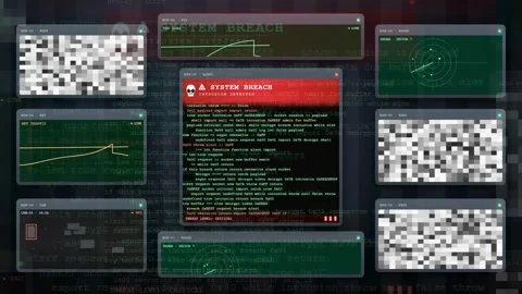 Digital Security Interface with System Breach Warning and Glitching Data on Stock Footage 341819869