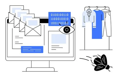 Digital Security Issues Explored Through Email, Code, Clothing, and Bugs Co.. 스톡 일러스트