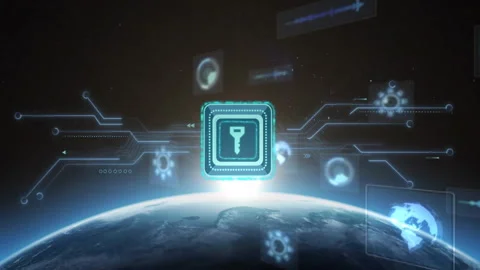 Digital security key animation over Earth with futuristic interface elements Stock Footage 306432935